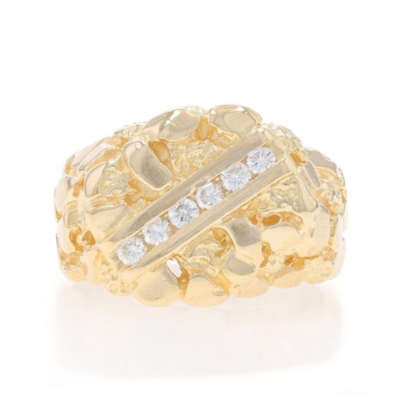 Yellow Gold Diamond Nugget Men's Ring - 14k Round .24ctw Channel Set Six-Stone